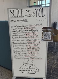 Whiteboard with location information for student services. 